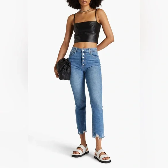 Paige Anthropologie High Rise Sarah Straight Distressed Cropped Jeans Button Fly - Picture 2 of 16